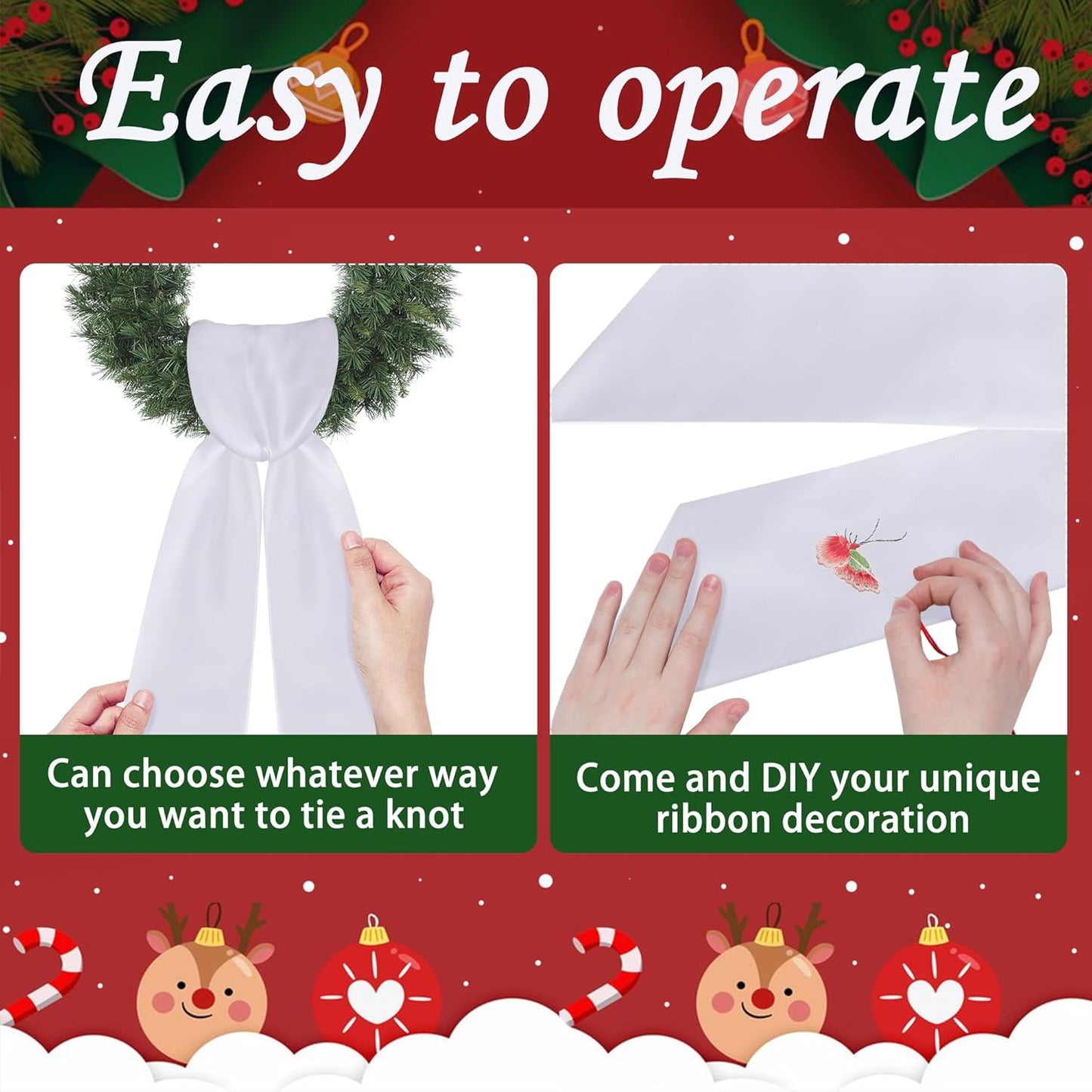 RunNico Wreath Sash - 4 Pack 4.5" W x 56.3" L | White Blank Embroidered Wreath Accessories for Holiday Decor