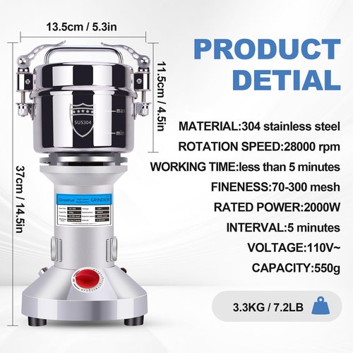 Greatrue 550g Electric Grain Mill Grinder, 304 Stainless Steel Flour Mill, 2000W High Speed Spice Grinder, Electric Grain Mill for Dry Wheat, Oats, Corn, Pepper and Coffee Beans