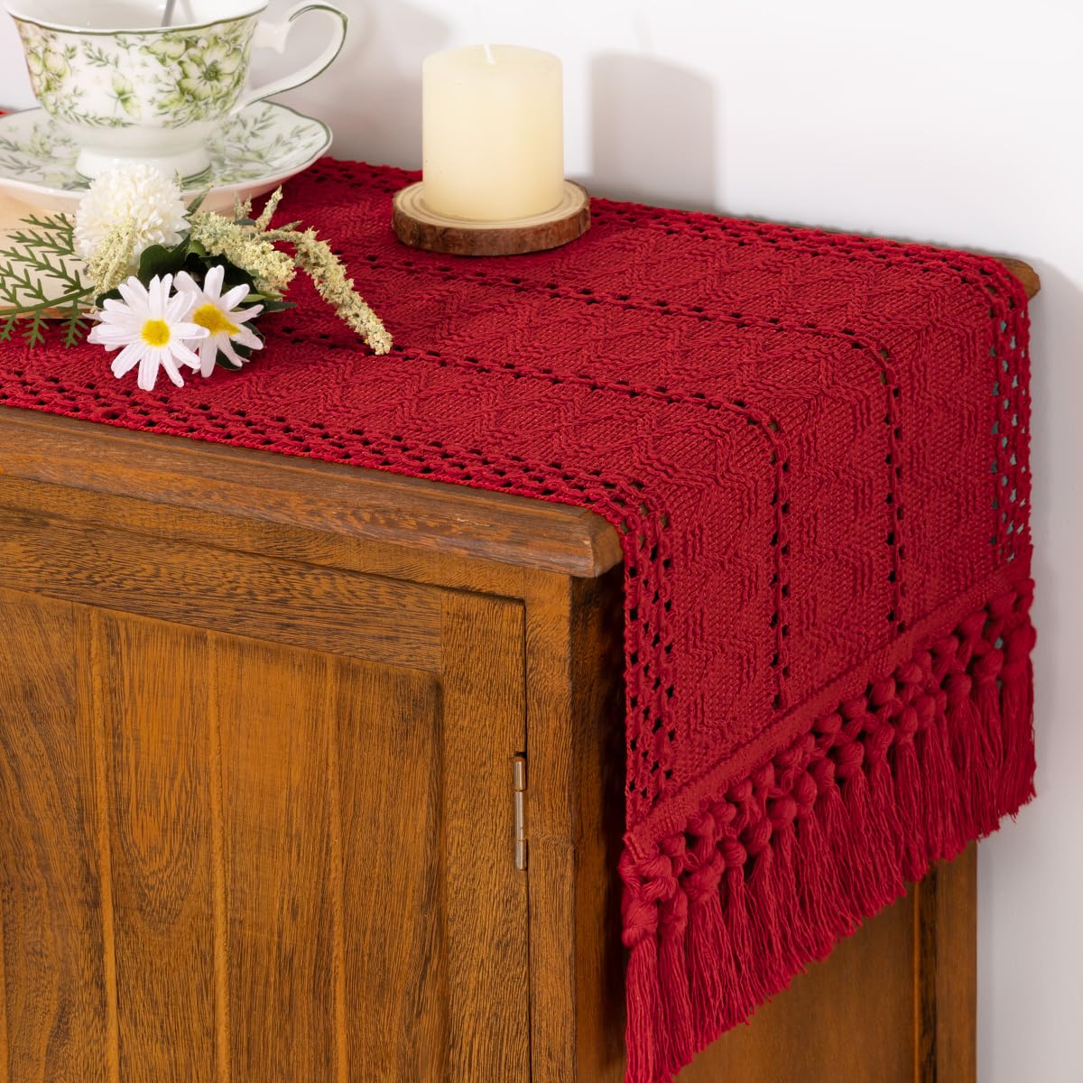 Socomi Boho Table Runner Easter Spring Farmhouse Rustic Dining Kitchen Centerpiece Decor Small Macrame Woven Cotton Linen Coffee Table Runner for Dresser Scarf Home Decor 12x36 in Red