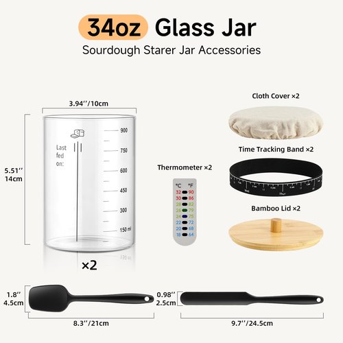 HomeFeel Premium Sourdough Starter Jar - 34 Oz Large Glass Jar with Bamboo Lid, Cloth Cover, Date Tracker, Thermometer and Scraper, Stylish Design and Wide Mouth Starter Kit (2 Pack)