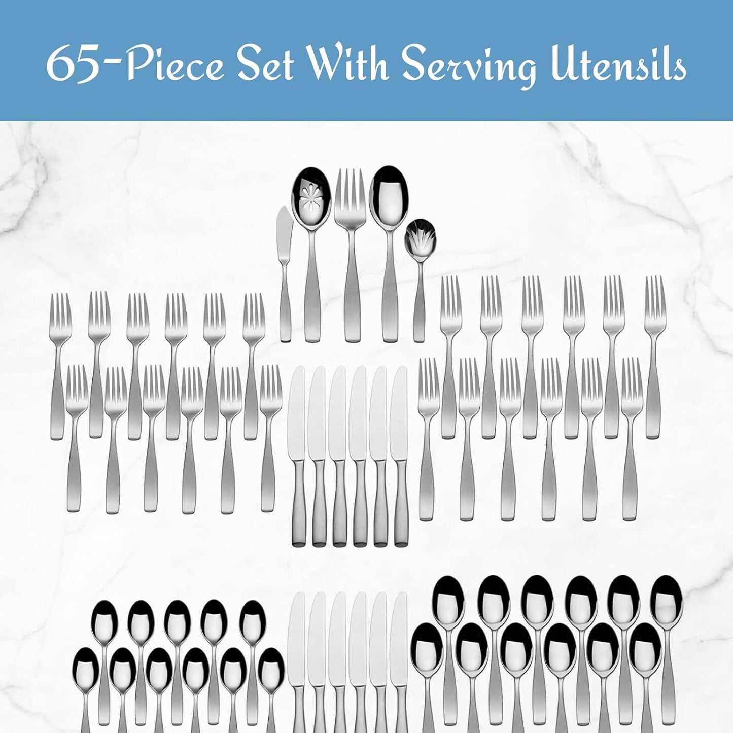 Mikasa Satin Loft 65-Piece Flatware Set - Elegant 18/10 Stainless Steel Silverware for 12 | Durable Forks, Knives, Spoons & Serving Utensils