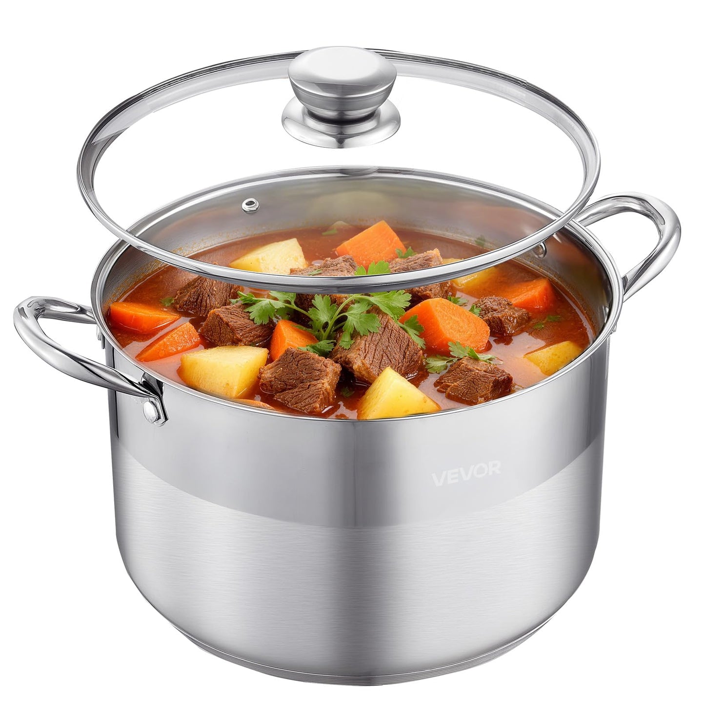 VEVOR Stainless Steel Stock Pot, 12QT Stainless Steel Stockpot with Glass Lid, PFOA-Free, PFAS-Free, Compatible with Gas Stoves, Induction Cooktops, Electric Stoves, for Soups, Stews, and Pasta