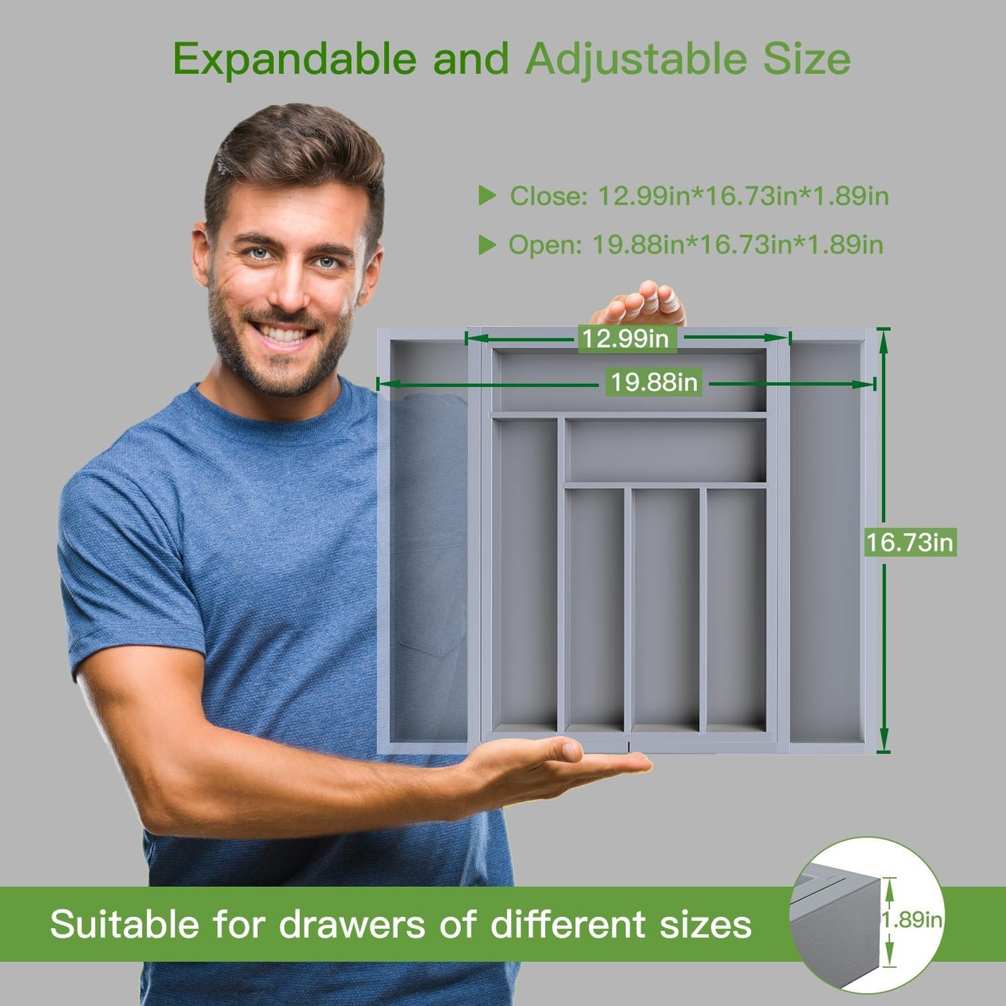 Pipishell Bamboo Drawer Organizer - Adjustable Utensil Holder & Cutlery Tray | Grey Wood Dividers