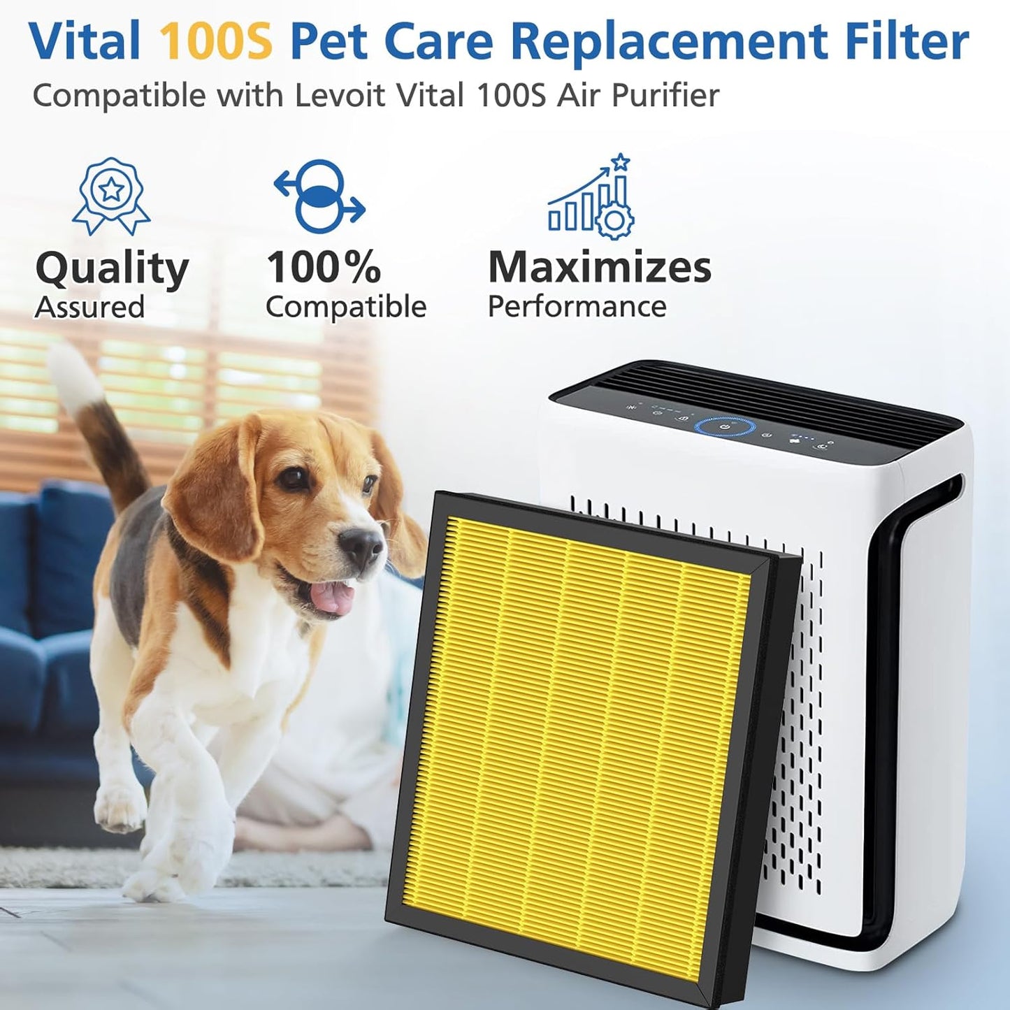 Vital 100S Pet Care Replacement Filter - 3-in-1 HEPA & Activated Carbon for LEVOIT Vital 100S | 2 Pack, Yellow