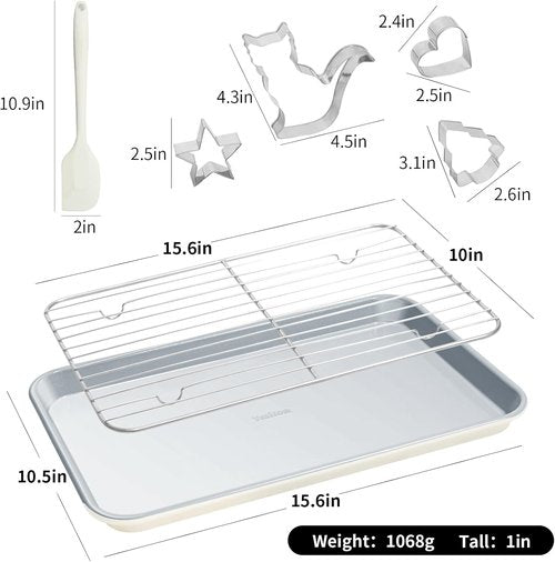 7PCS Ceramic-Coated Baking Sheet Set - Non-Stick Jelly Roll Pan with Rack, Spatula & Cutters | PFAS Free, Oven Safe (550°F), Sunshine Cream