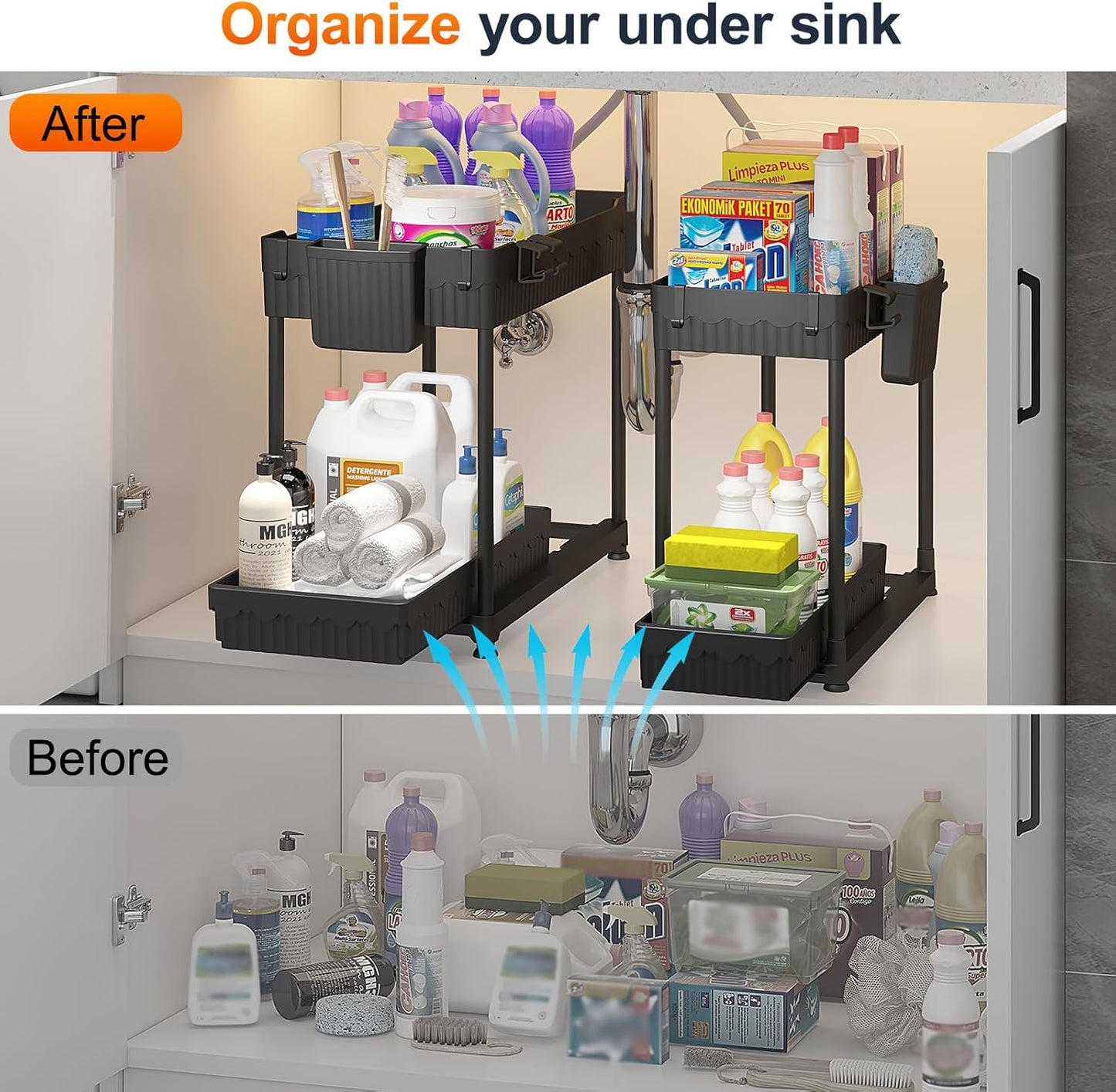 Sevenblue Under Sink Organizer - 2 Tier Multi-Use Pull Out Cabinet Storage with Hooks & Cups | Black, 2 Pack