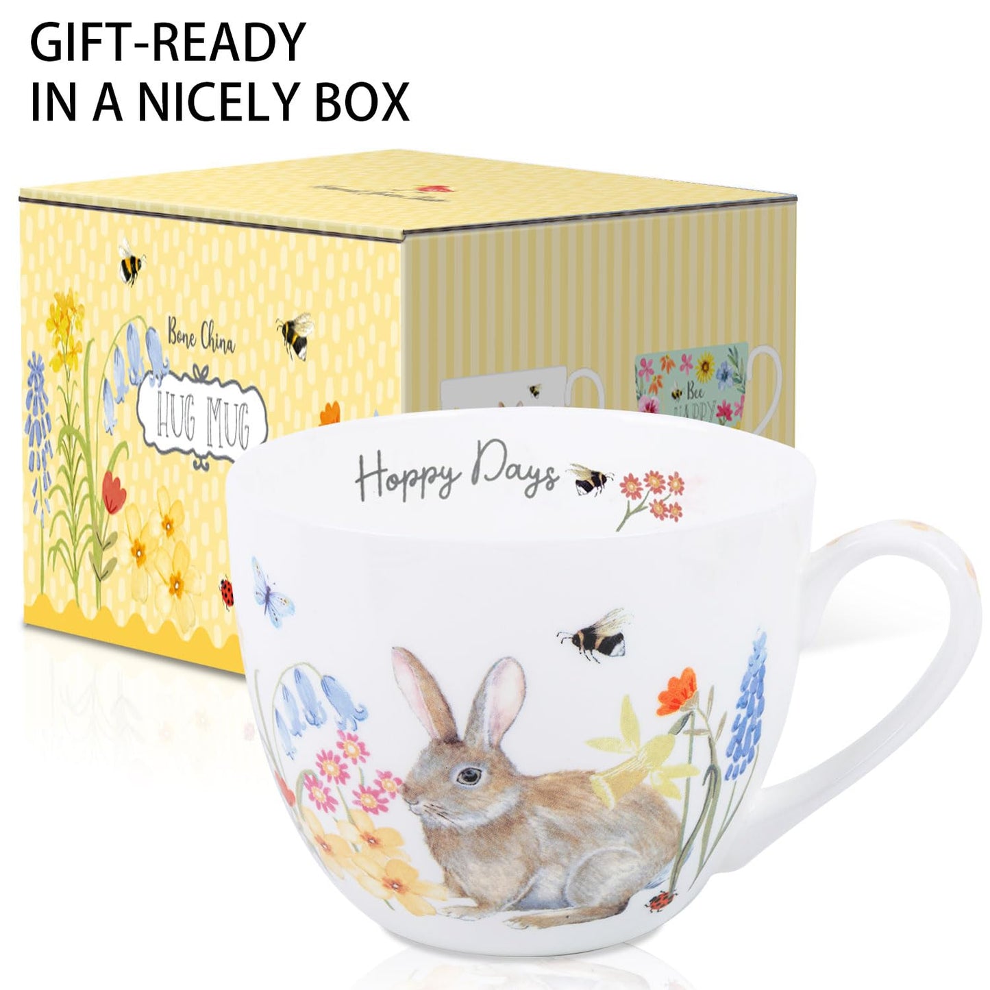 20 oz Easter Bunny Coffee Hug Mug, Spring Flowers & "Happy Days" Slogan, Premium Bone China Rabbit Tea Mug, Cute Easter Gift for Women, Family, Friends, Designed in England by Harvest Green Studio