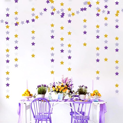 Hugtmr Star Garland - 62ft Purple Lavender & White Gold Party Decorations | Perfect for Birthdays, Weddings, & Showers