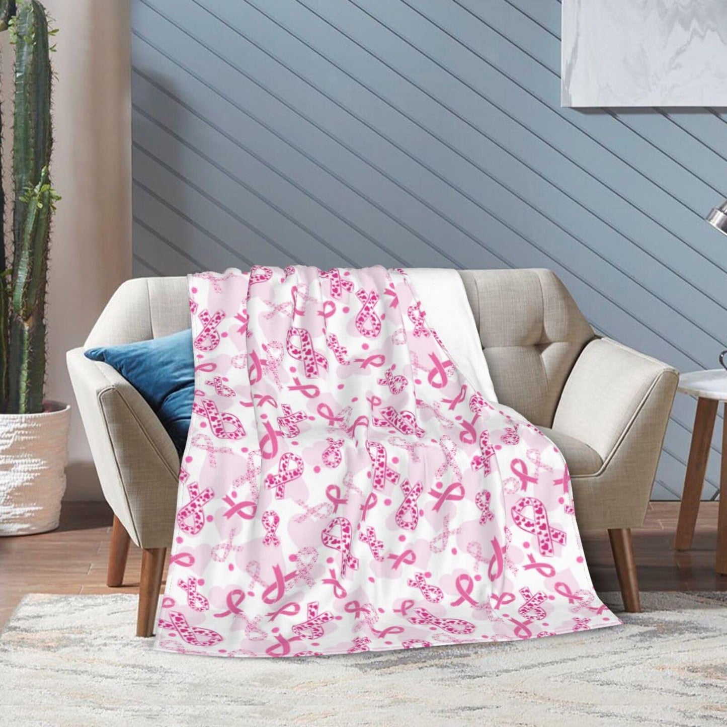 Breast Cancer Awareness Pink Ribbon Blanket - Soft Flannel Throw for Women, 40x50inches