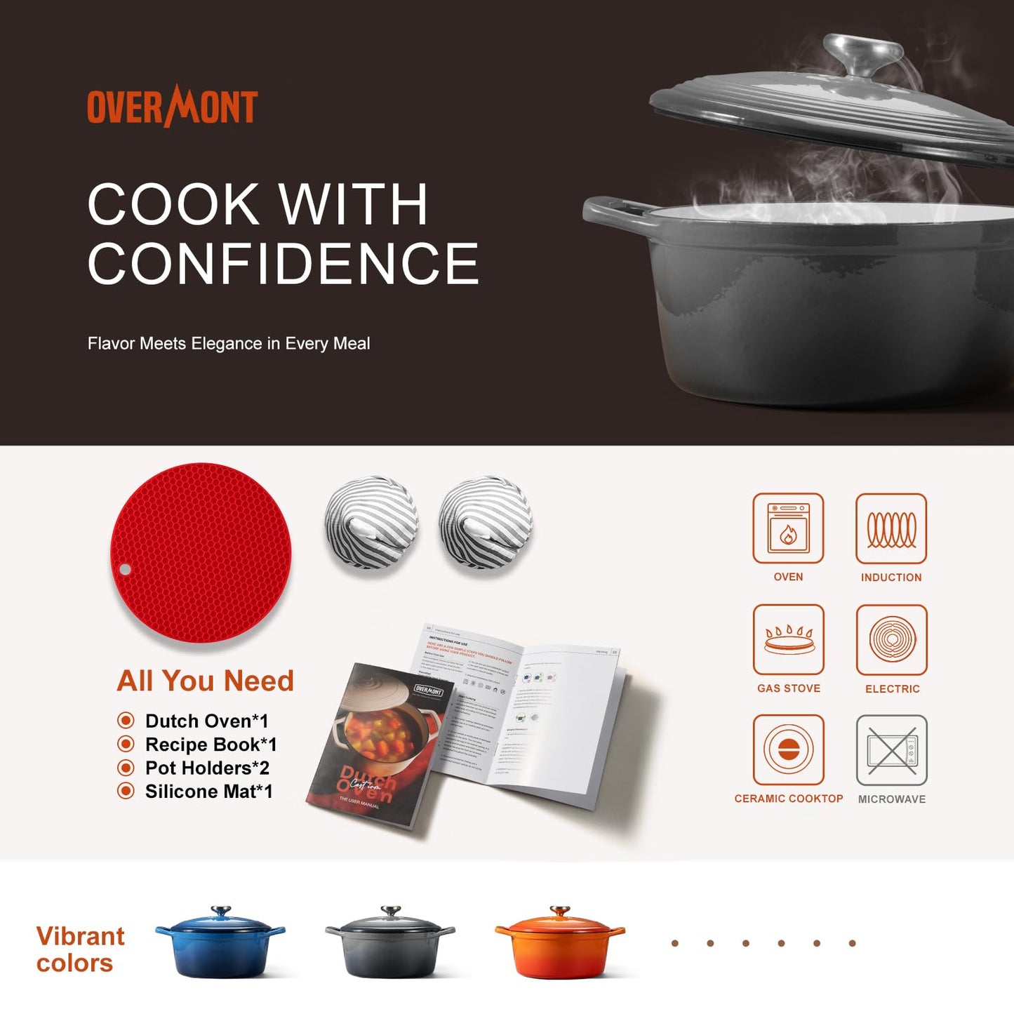 Overmont Enameled Cast Iron Dutch Oven - 5.5QT Pot with Lid Cookbook & Cotton Potholders - Heavy-Duty Cookware for Braising, Stews, Roasting, Sourdough Baking Grey