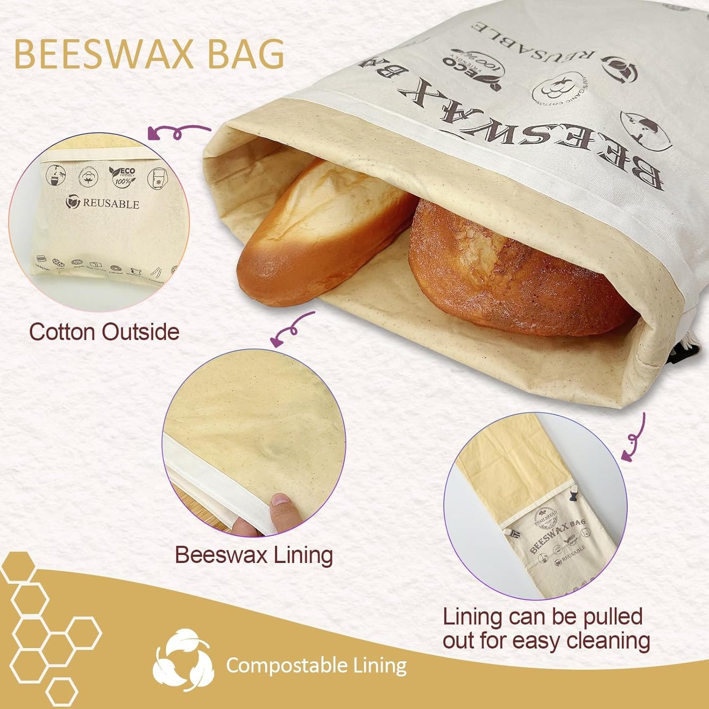 Skiennix Reusable Beeswax Bread Bags - XL Eco-Friendly Food Storage (13x17in, 2 Pack) | Moisture Lock for Fresh Homemade Bread