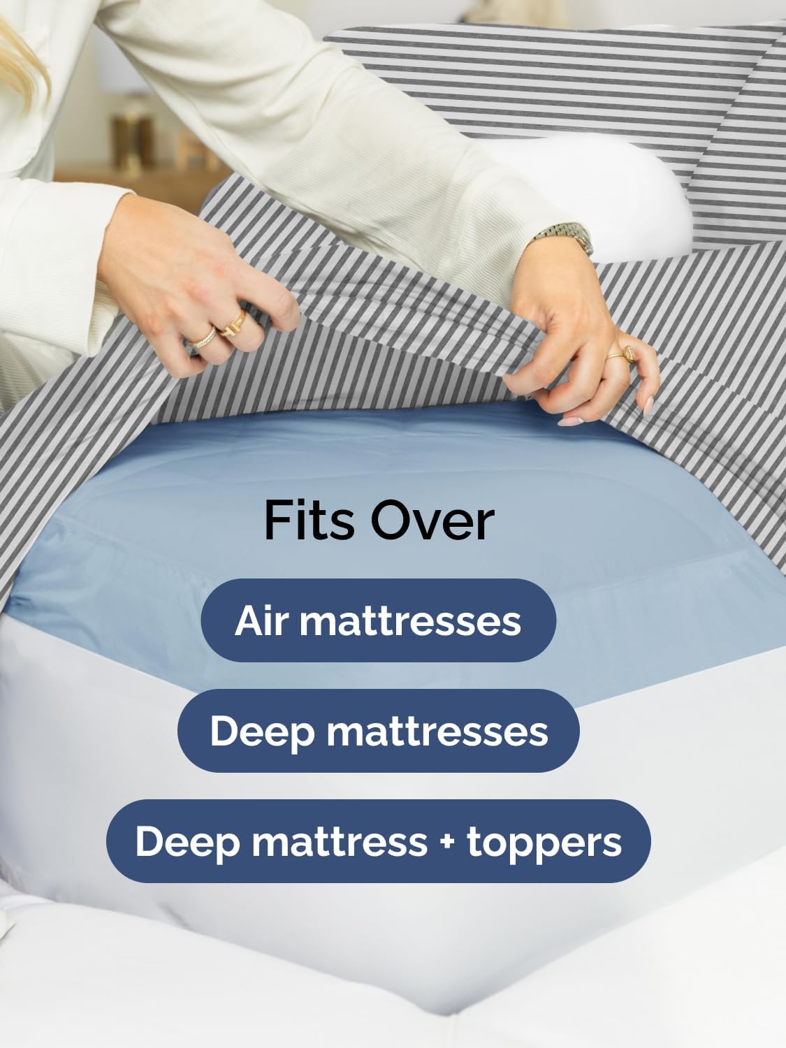 Skiennix Extra Deep Full Sheet Set - 6 Piece Breathable Cooling Bedding - Soft Wrinkle-Free Grey Stripes