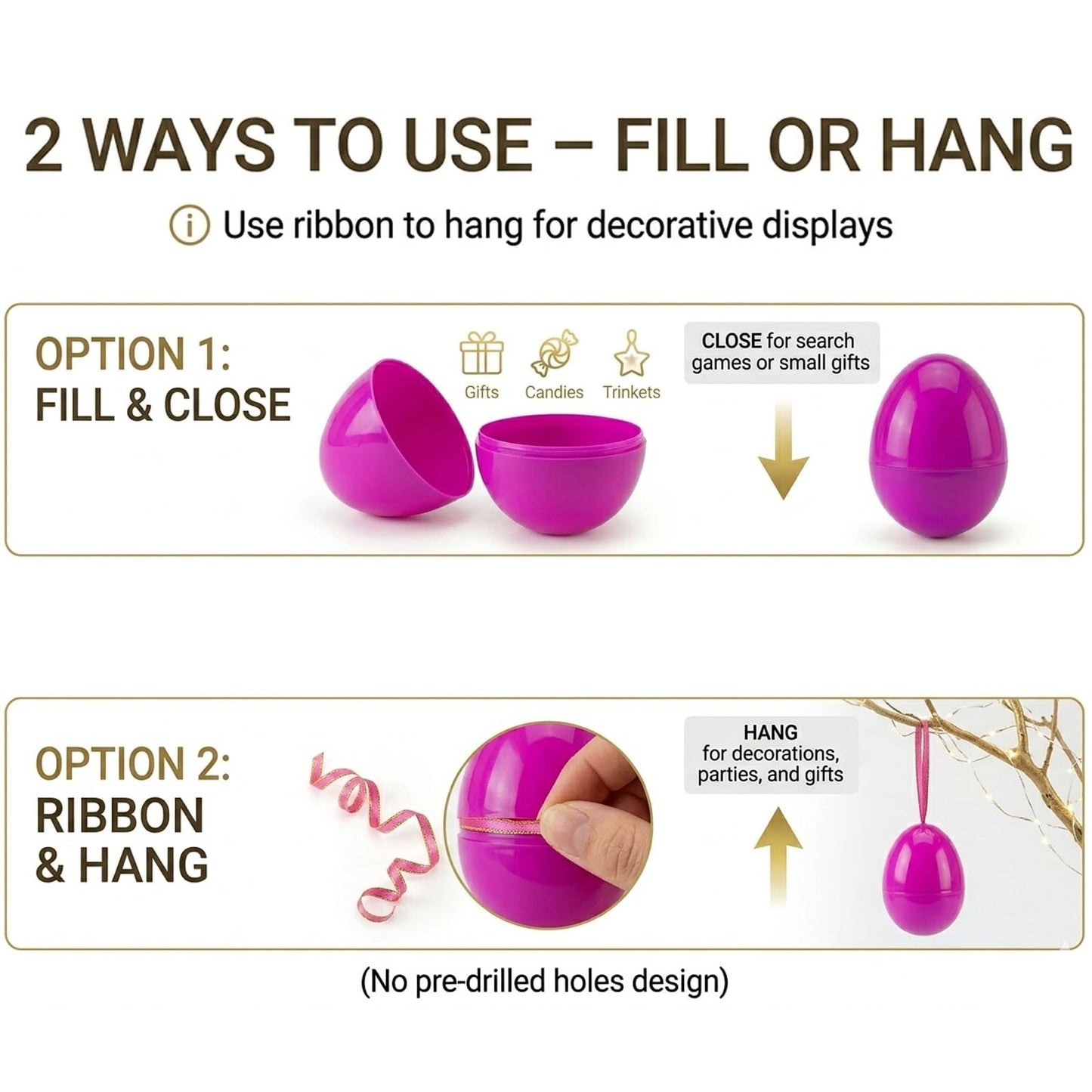 ROSAUI 36 Pack Large Fillable Easter Eggs (3.5"), Flat Bottom Plastic Eggs with Ribbons – Reusable Hanging Decor for Egg Hunts, Baskets & Holiday Displays