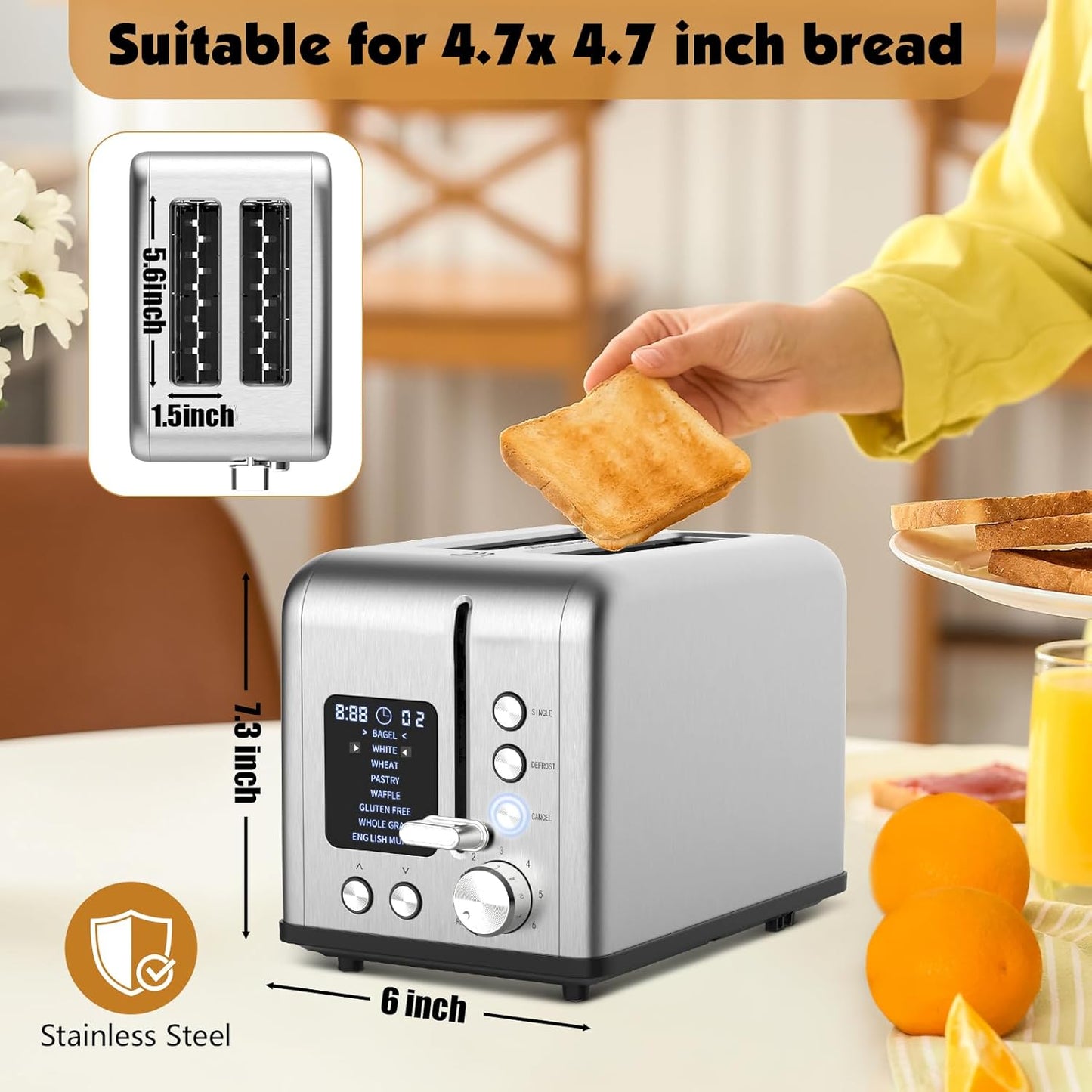 Skiennix 2-Slice Bagel Toaster - Stainless Steel with LED Timer & 6 Browning Levels | 825W Power