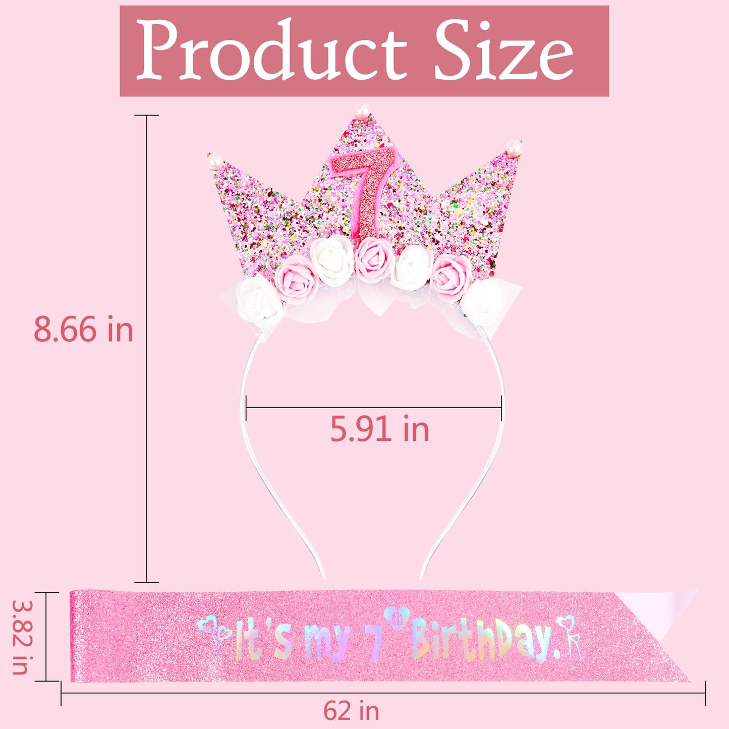 Vovii 7th Birthday Headband & Sash Set - Floral Princess Crown Headband for Birthday Girl Dress Up, Photo Prop & Party Decorations