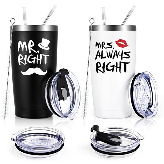 Mr. Right Mrs. Always Right Travel Tumbler Set, Wedding Engagement Gifts for Husband Wife Newlywed Couples Bride Groom Anniversary Bridal Shower, 20oz Stainless Steel Travel Tumbler, Black and White