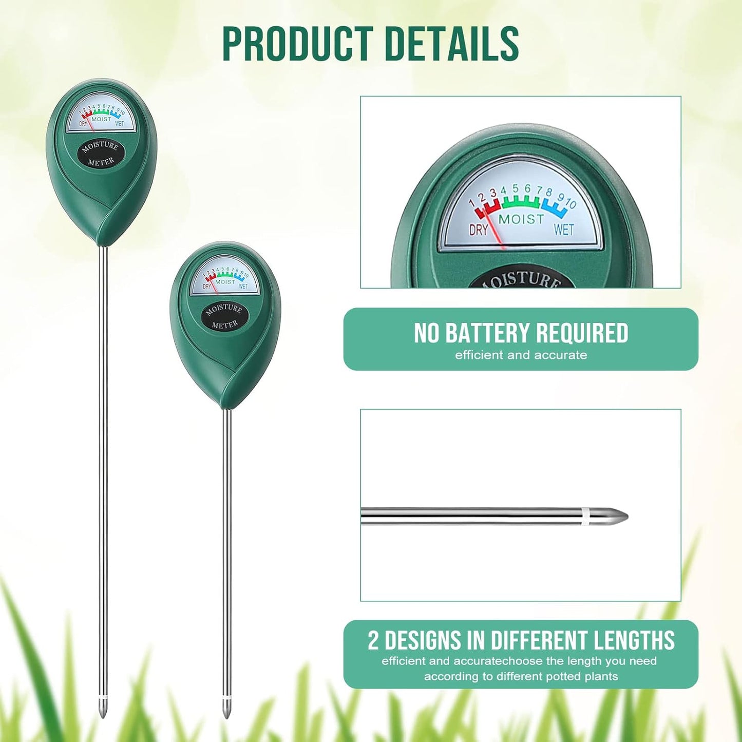 Macarrie Soil Moisture Meter - 6 Pack Long Probe Sensor for Indoor & Outdoor Plants | No Batteries Required