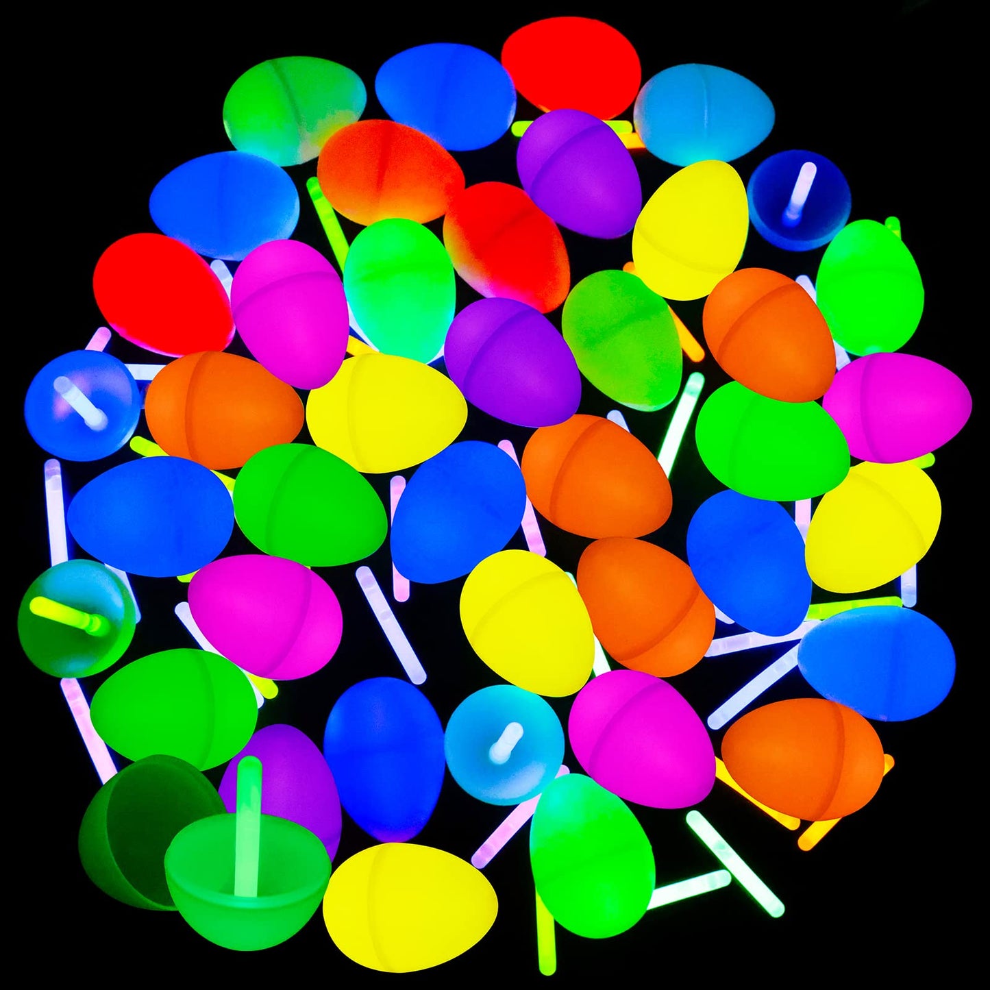 MGparty Glow in The Dark Easter Egg Hunt Set - 36 Fillable Plastic Eggs with 72 Mini Glow Sticks for Kids - Easter Basket Stuffers, Party Favors, Classroom Prizes, and Game Supplies
