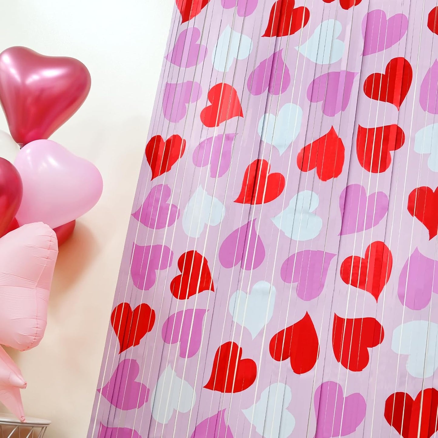 Mega-L Birthday Party Decorations - 2 Pack Red Pink White Heart Foil Fringe Curtains | 3.3X6.6 ft Tinsel Backdrop