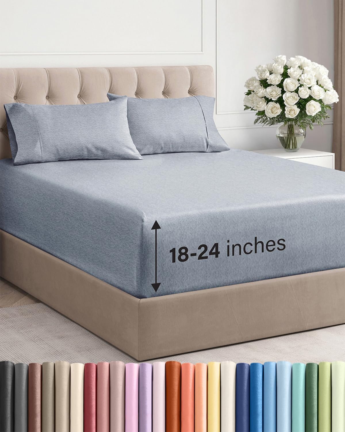 Skiennix Extra Deep Twin Sheet Set - 4-Piece Breathable Cooling Bedding - Soft, Wrinkle-Free Heathered Blue