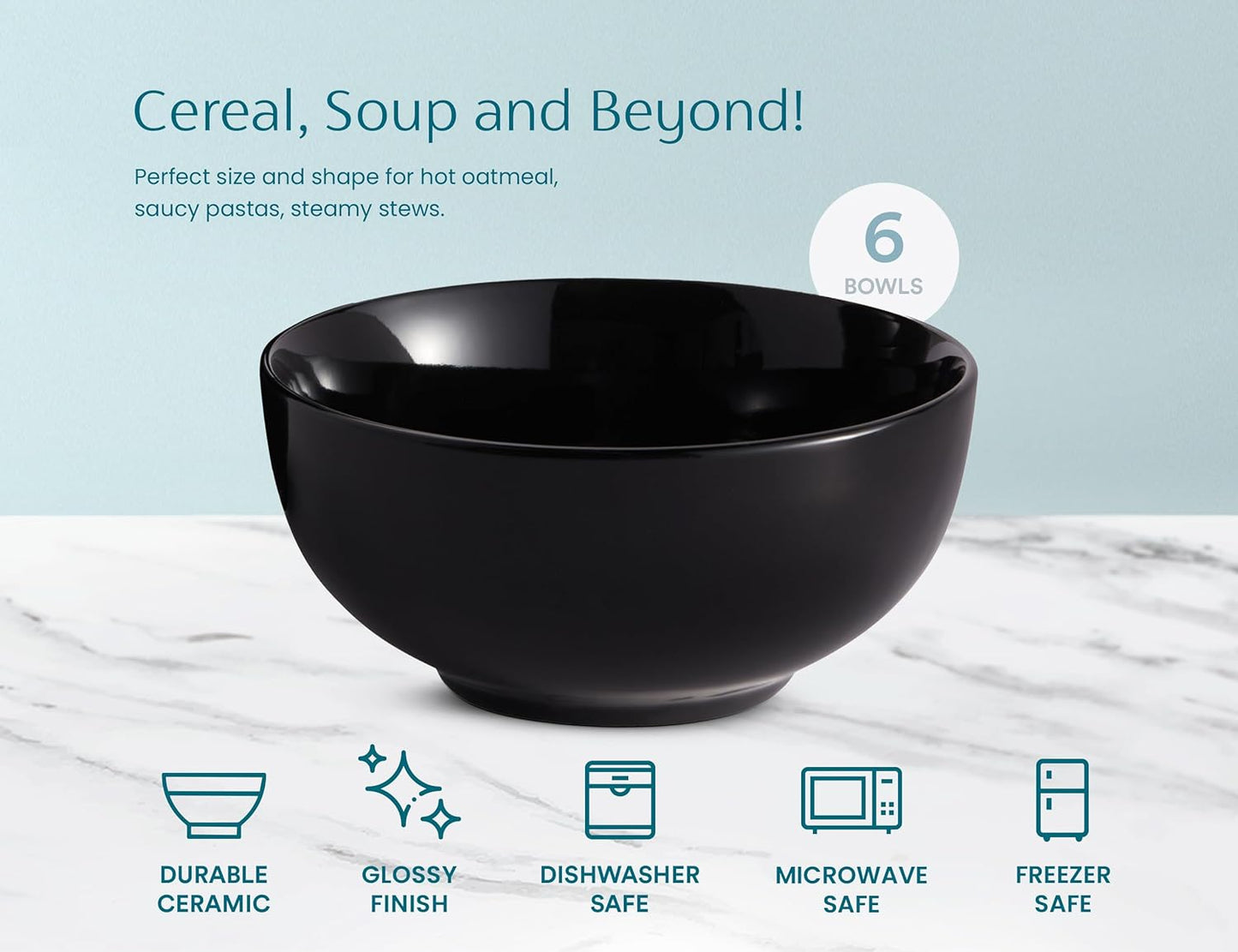 KooK Ceramic Soup & Cereal Bowls - Microwave & Dishwasher Safe, 20 oz, Set of 6 - Black