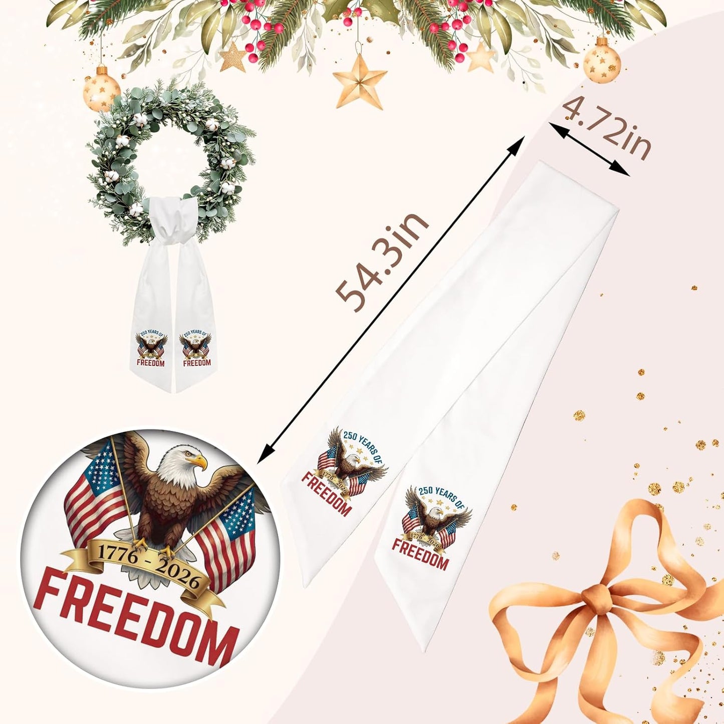 USA 250 Years Patriotic Wreath Sash - Freedom Eagle Ribbon for Front Door | American Flag Decor