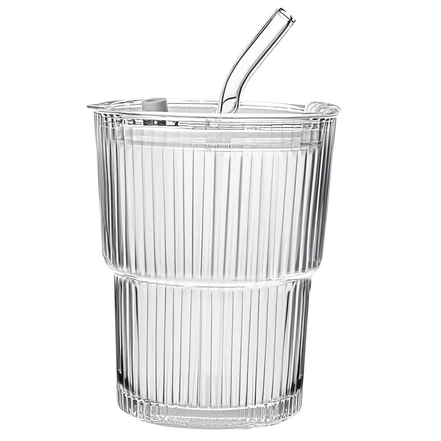 ALYBIT 13oz/400ML Glass Tumbler with Straw and Lid Ribbed Vertical Ice Coffee Cups Sealed Carry on for Coffee Iced Tea, Thick Wall Glassware Tumbler Water Glass (Clear 1pc)