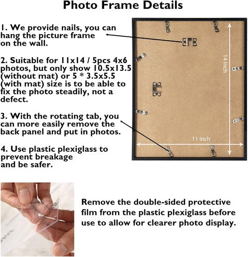 JCJMY 11x14 Picture Frame - Stylish 5-Opening Collage Frame for 4x6 Photos | Lightweight Black Design