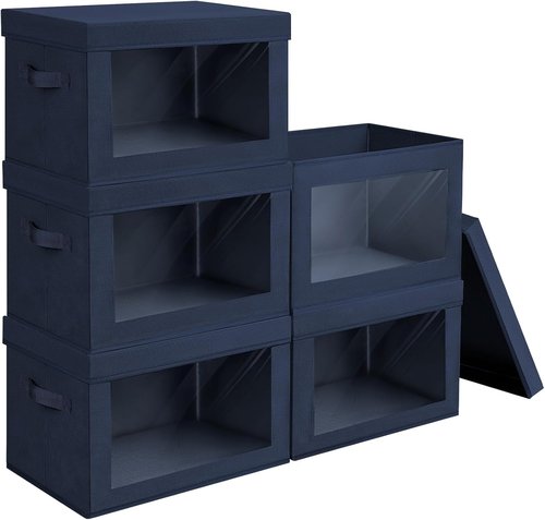 Homsorout Stackable Storage Bins - Large Fabric Closet Organizer with Lids | 5 Pack in Navy Blue