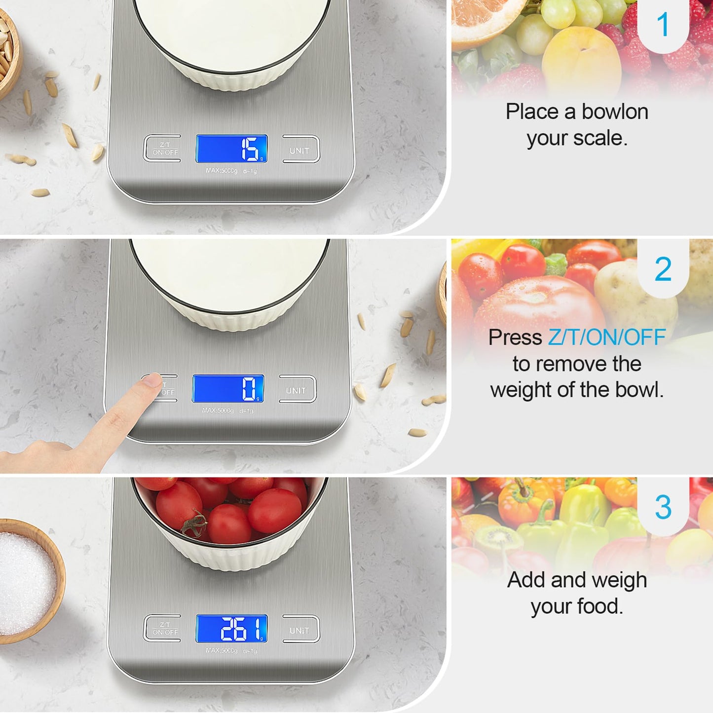 WIWUE GUO Food Scale, Kitchen Scale, Weight Scale Grams and Ounces for Weight Loss, Baking, Cooking, Keto and Meal Prep, LCD Display, 304 Stainless Steel