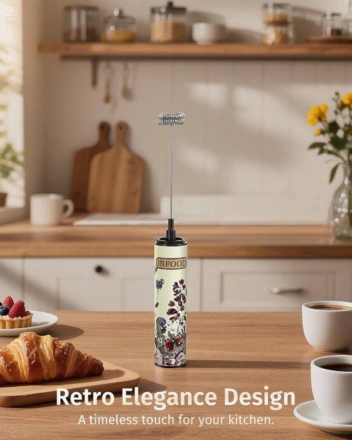 INFOOD Milk Frother - Rechargeable Coffee Frother Wand with 2 Detachable Stainless Whisks | Vintage Floral Design