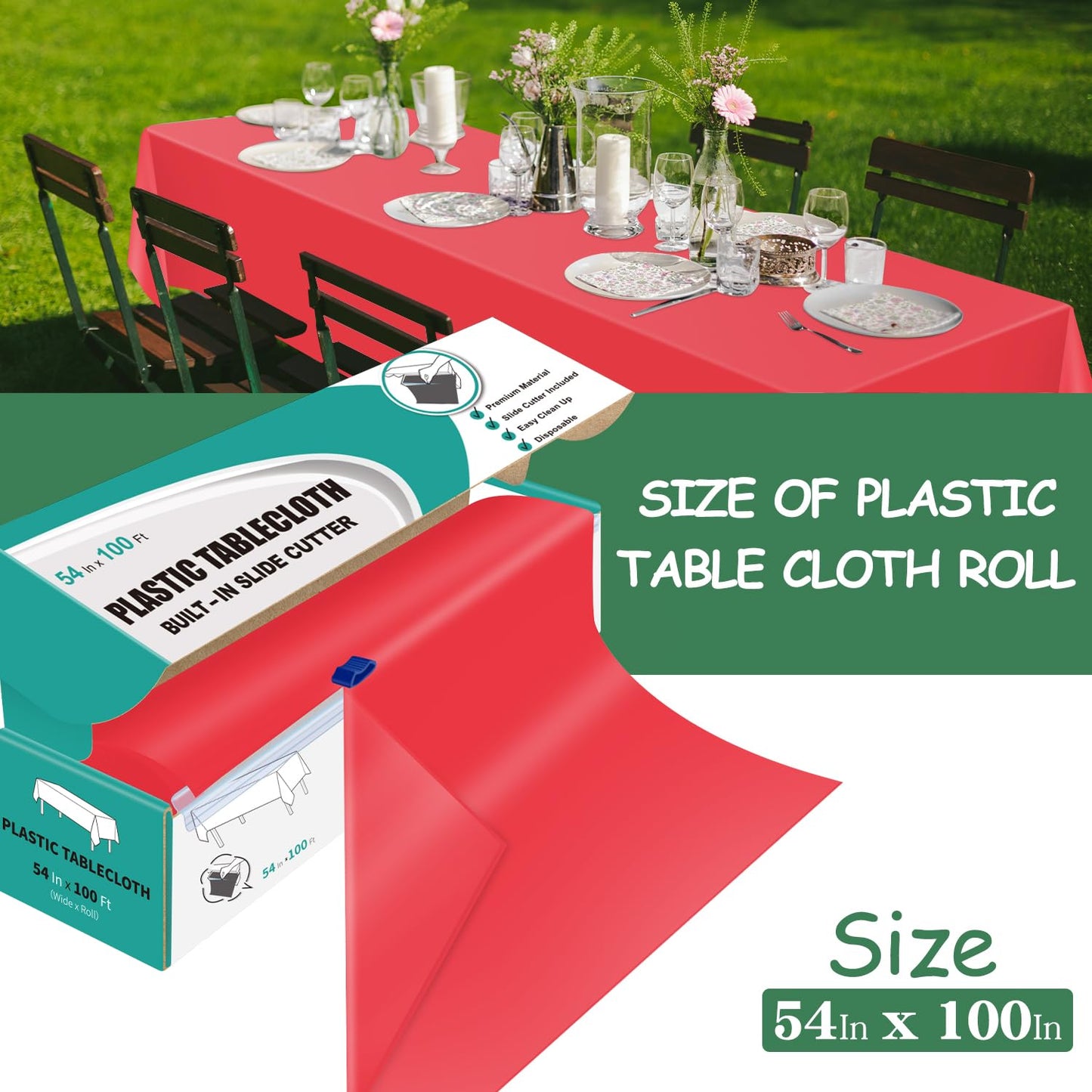 Kongdaoth 54" X 100' Plastic Tablecloth Roll Red Disposable Plastic Table Cover with Cutter Box, Disposable Table Cloth for Parties