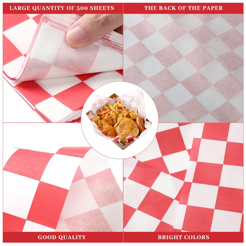 500 Deli Paper Sheets 12 x 12 Inch Red and White Checkered Food Wrapping Papers Grease Resistant Food Wrap Sandwich Paper Wraps Disposable Paper Liner for Picnics Barbecue Restaurants Cookout Party