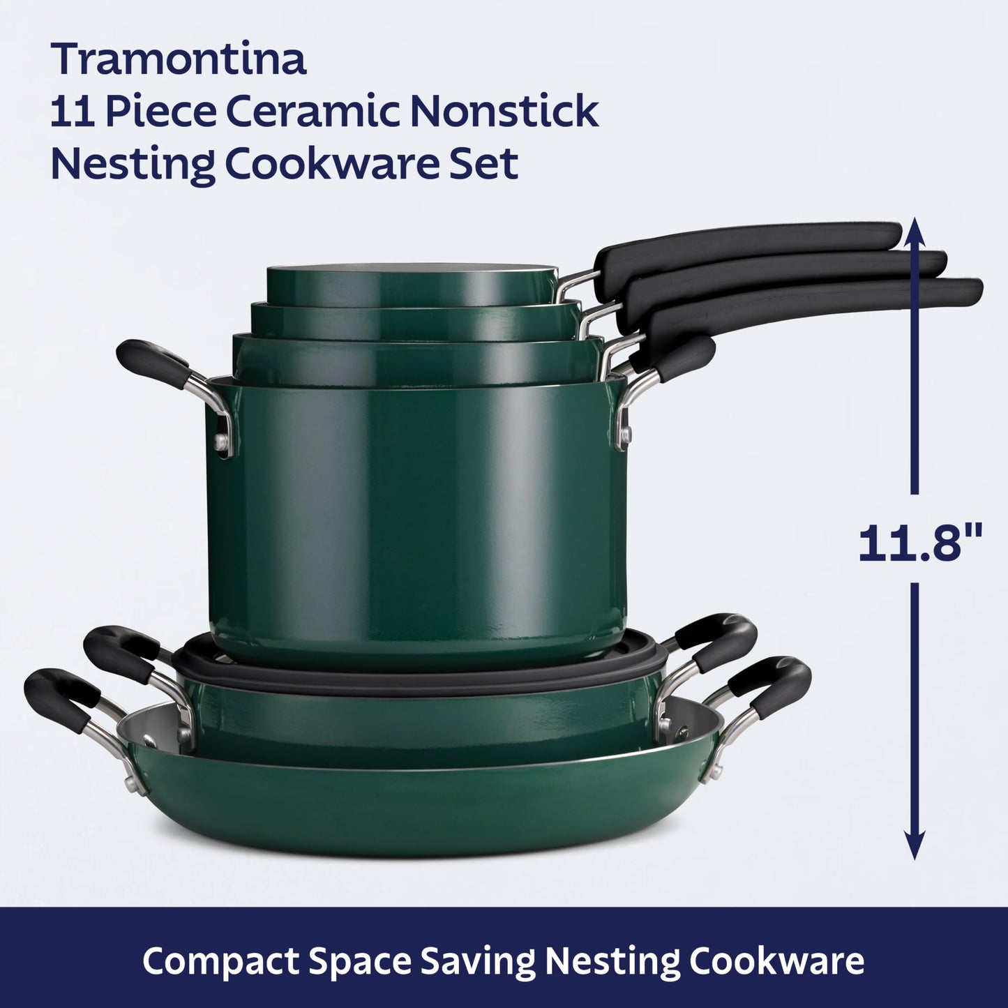 Tramontina Ceramic Non Stick 11-Piece Nesting Pots and Pans Set with Lids - Stackable Nonstick Cookware Set, Dishwasher and Oven Safe, Teal
