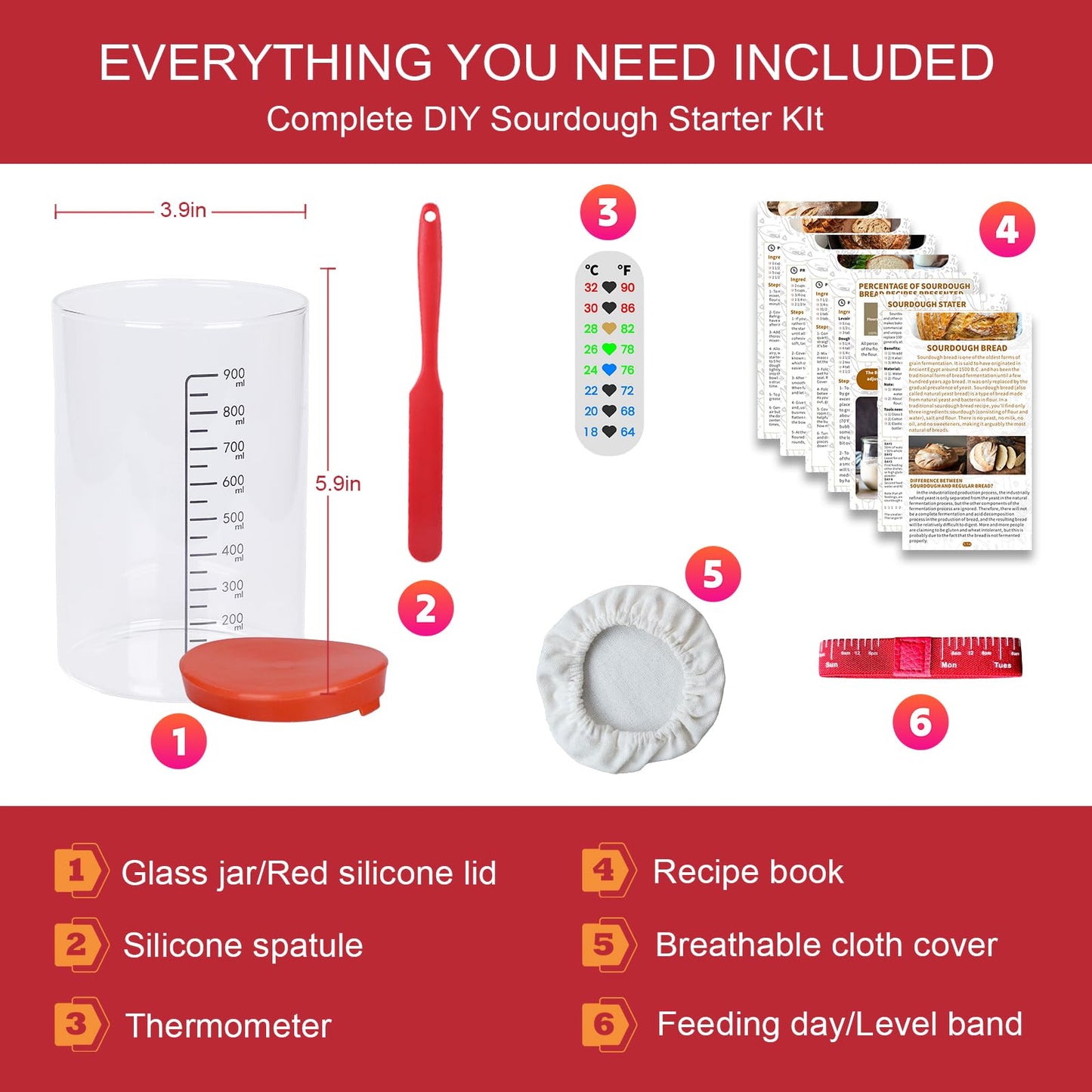 34oz Sourdough Starter Kit, Large Capacity Glass Sourdough Starter Jar, Reusable Starter Set of Sourdough Bread Baking Supplies with 6 Essential Yeast Starter Tools