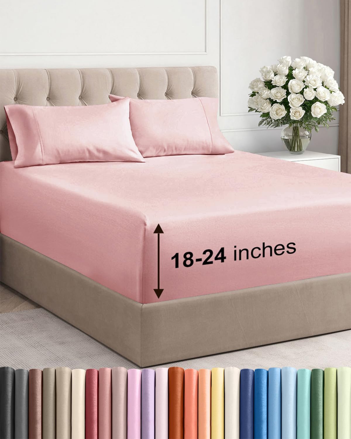 Skiennix Extra Deep Twin Sheet Set - 4-Piece Breathable Cooling Bedding - Soft, Wrinkle-Free Baby Pink