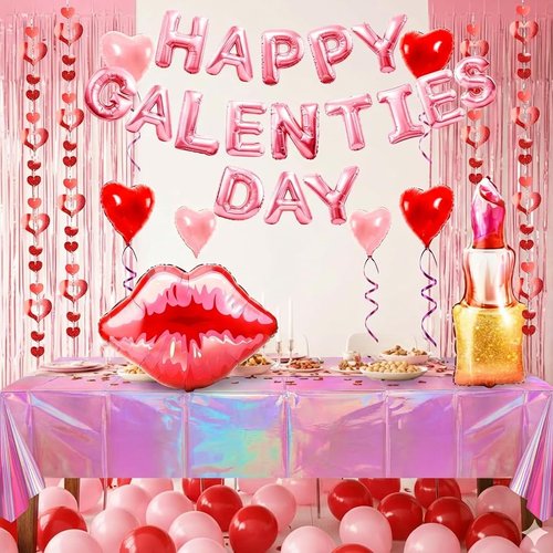 Auihiay Galentines Day Decorations Kit - 130pcs+ Pink Foil Fringe Curtains, Table Cloth, Pink Letter & Heart Balloons, Lips Balloons, Heart Banner Decor for Girls Galentines Day Birthday Party