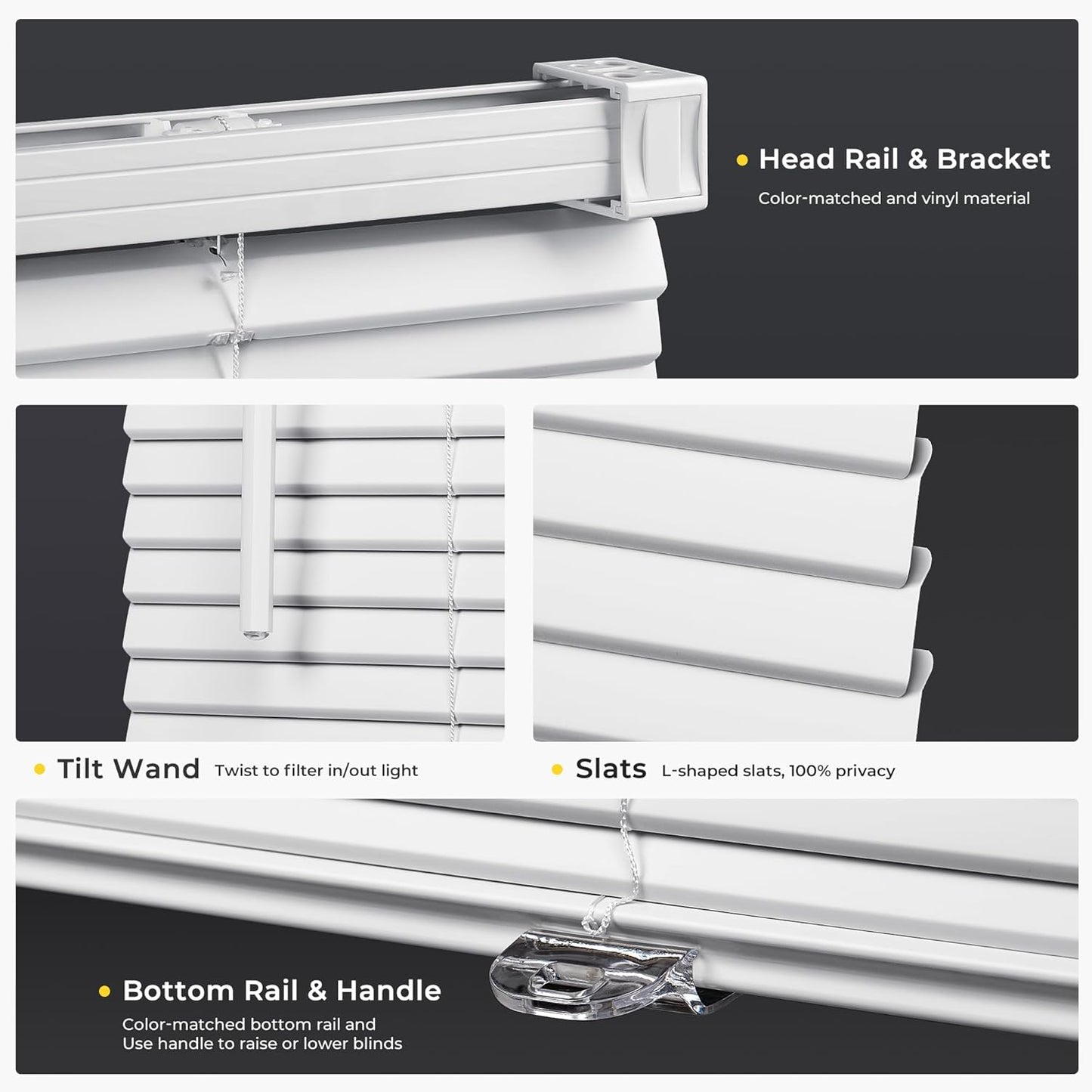 UNISHADES Cordless Mini Blinds - 1" Vinyl L-Shaped Slats for Indoor Windows, 20" W × 36" H - White