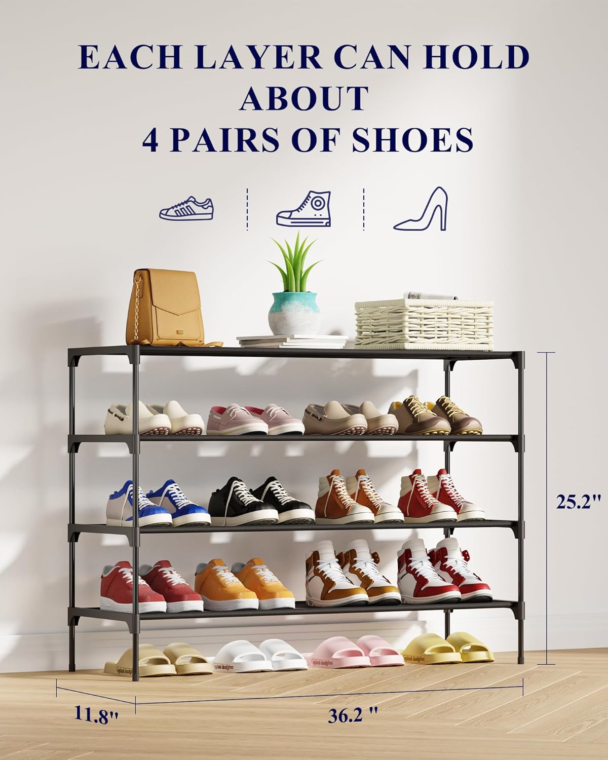 Kitsure Shoe Rack - Stackable Non-Woven Organizer for Closet & Entryway | 4-Tier, 36.2" Wide, Black