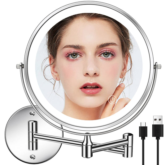 Rechargeable Lighted Wall Mounted Makeup Mirror, 8" Double-Sided 1X/10X Magnifying Bathroom Mirror with 3 Color Lighting, Touch Screen Dimmable 360°Swivel 13 Inch Extendable Chrome Vanity Mirror