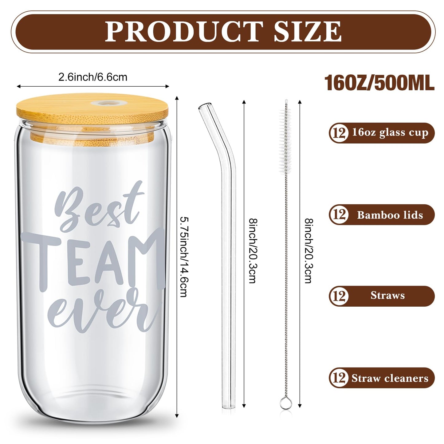 Purpeak 12 Set Employee Appreciation Gifts Thank You Gifts for Staff Coworker Thank You Glass Cups 16 oz Can Shaped Beer Glass with Lids Straws Brushes for Teacher Nurse(Best Team Ever)