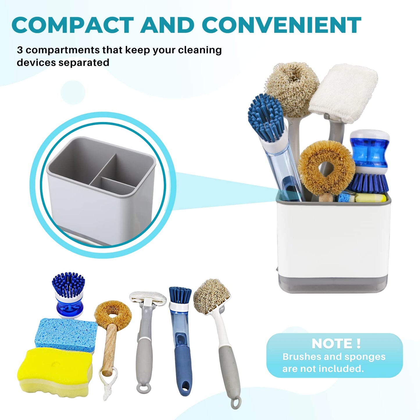 KeFanta Sink Counter Caddy, Plastic Dish Sponge Holder, Kitchen Brush and Scrubber Organizer with Drain Tray, White