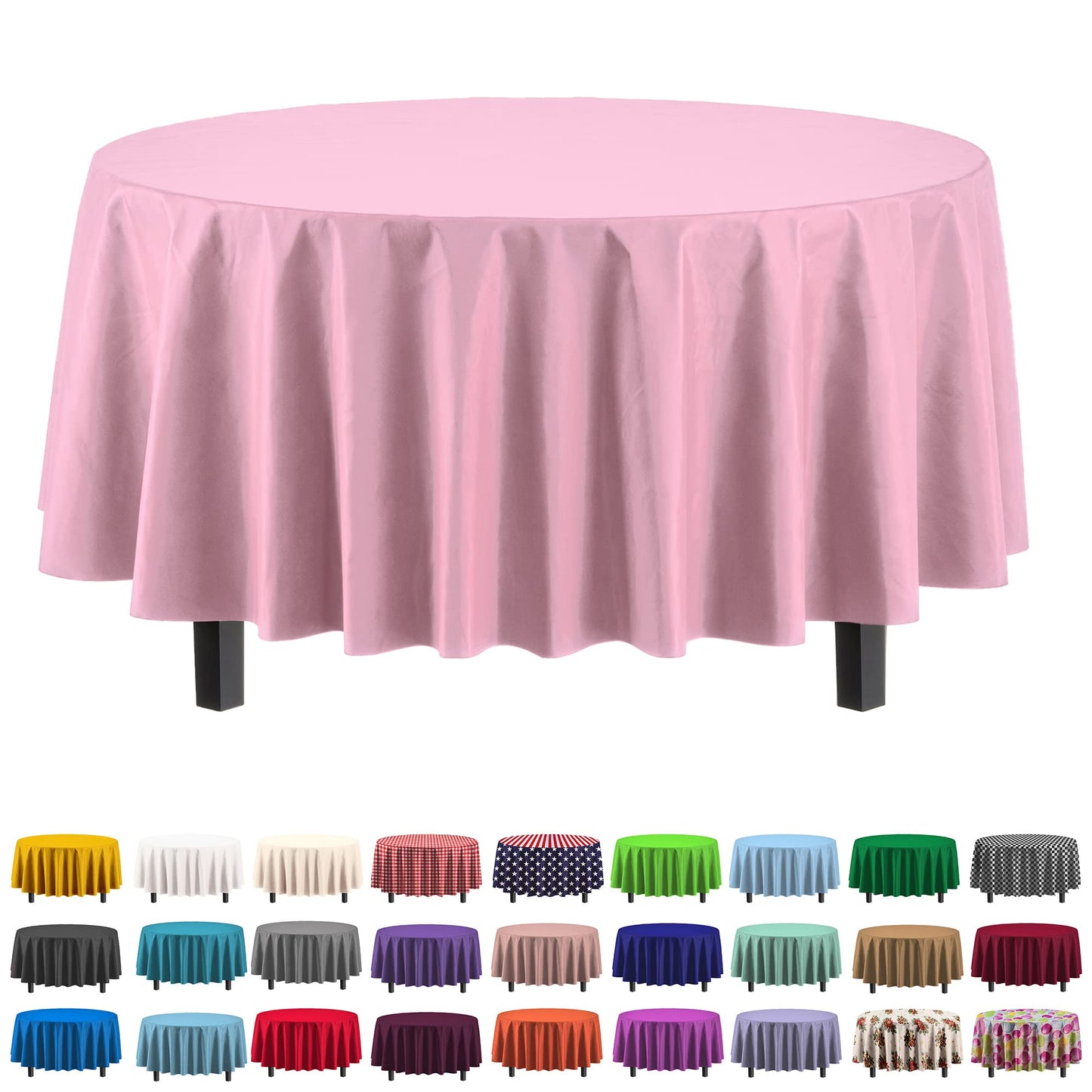 Exquisite Party Solids 6-Pack Premium Plastic Tablecloth 84in. Round Plastic Table Cover - Pink
