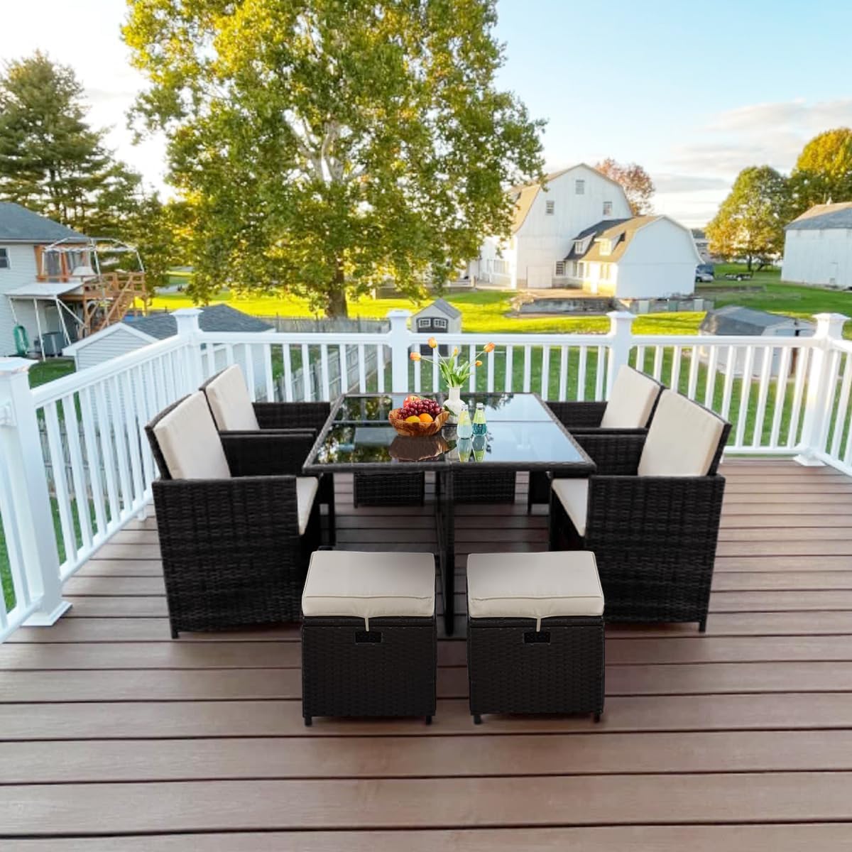 Yaheetech 9-Piece Patio Dining Set - Space-Saving Rattan Chairs & Glass Table | Black/Beige Cushions