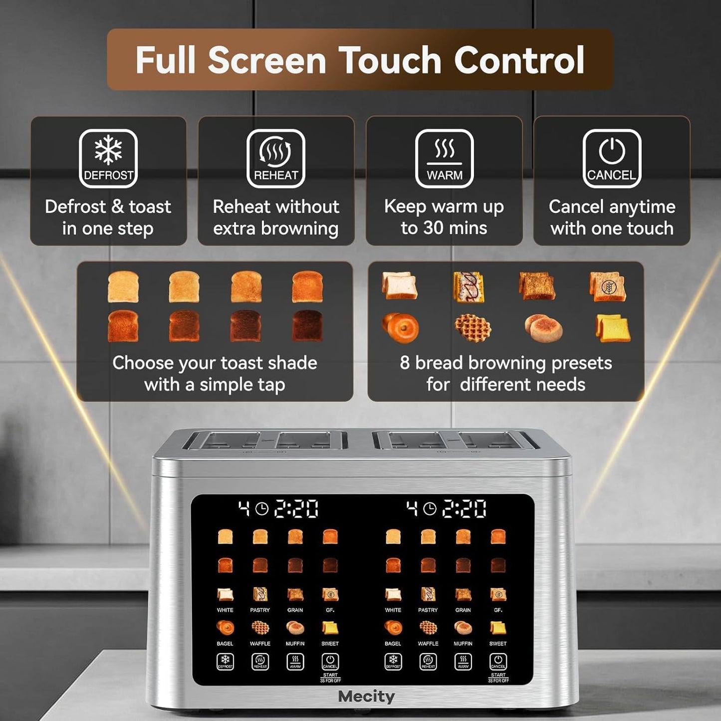 Mecity 4-Slice Toaster - Smart Touch Screen, Dual Control, Auto Shut Off | Perfect for Bagels & Gluten-Free Breads