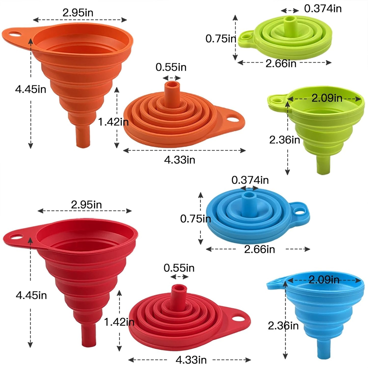 Skiennix Kitchen Funnel Set - 4 Pack of Foldable Silicone Funnels for Easy Liquid Transfer | Food Grade