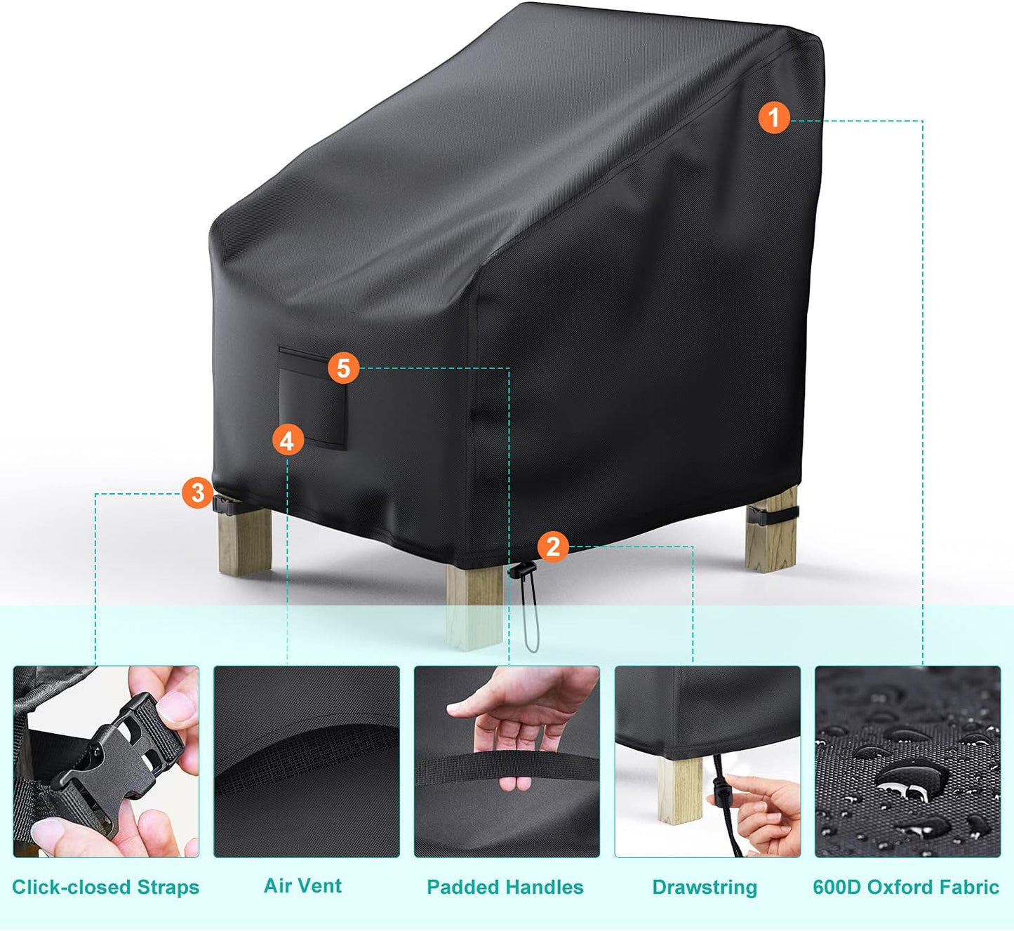 Patio Chair Covers - Waterproof 600D Heavy Duty Oxford Cloth | 2 Pack for Large Lounge Chairs, Black 38" W x 31" D x 29" H
