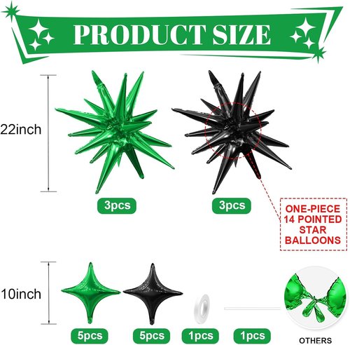 Black Green Star Balloons by [Brand Name] - 6 Pcs 22-Inch Explosion & 10 Pcs 10-Inch Kit for Celebrations