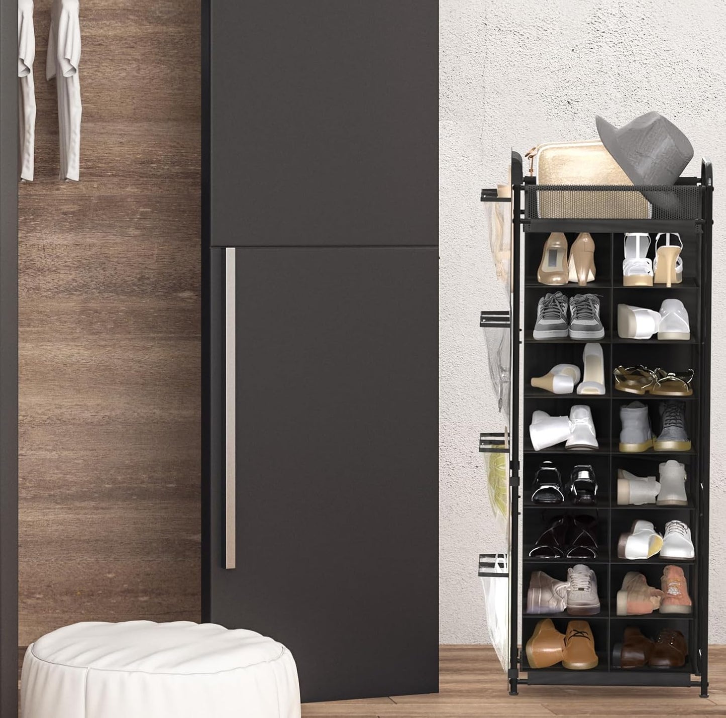 Simple Houseware 16-Cube Shoe Stand Tower Rack - 8-Tier Design with Top Shelf & Side Pockets | Black
