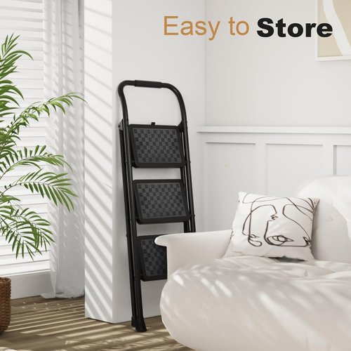 HBTower 3 Step Ladder - Ergonomic Folding Step Stool with Cushioned Handle & Wide Pedal | Black